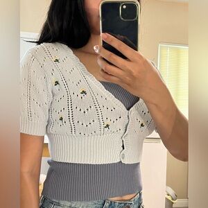 Light Blue Knit Cardigan with Floral Embroidery
